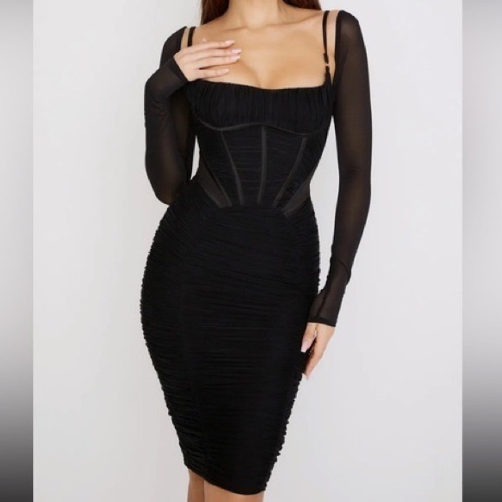 House of CB Freyja Satin Ruched Long Sleeve Body Con Dress‎